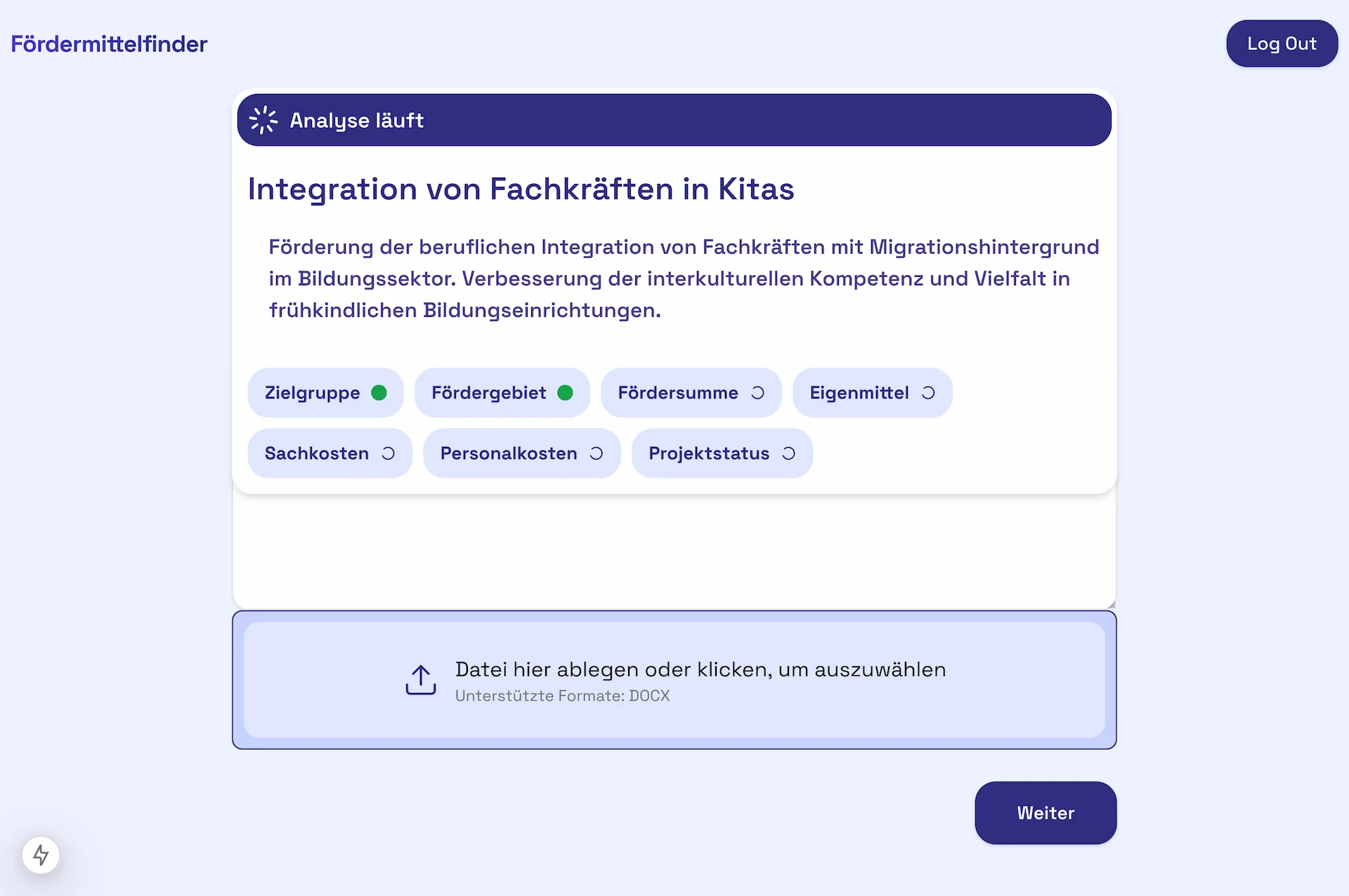 Analyse der Projektbeschreibung. Relevante Kriterien werden erkannt.