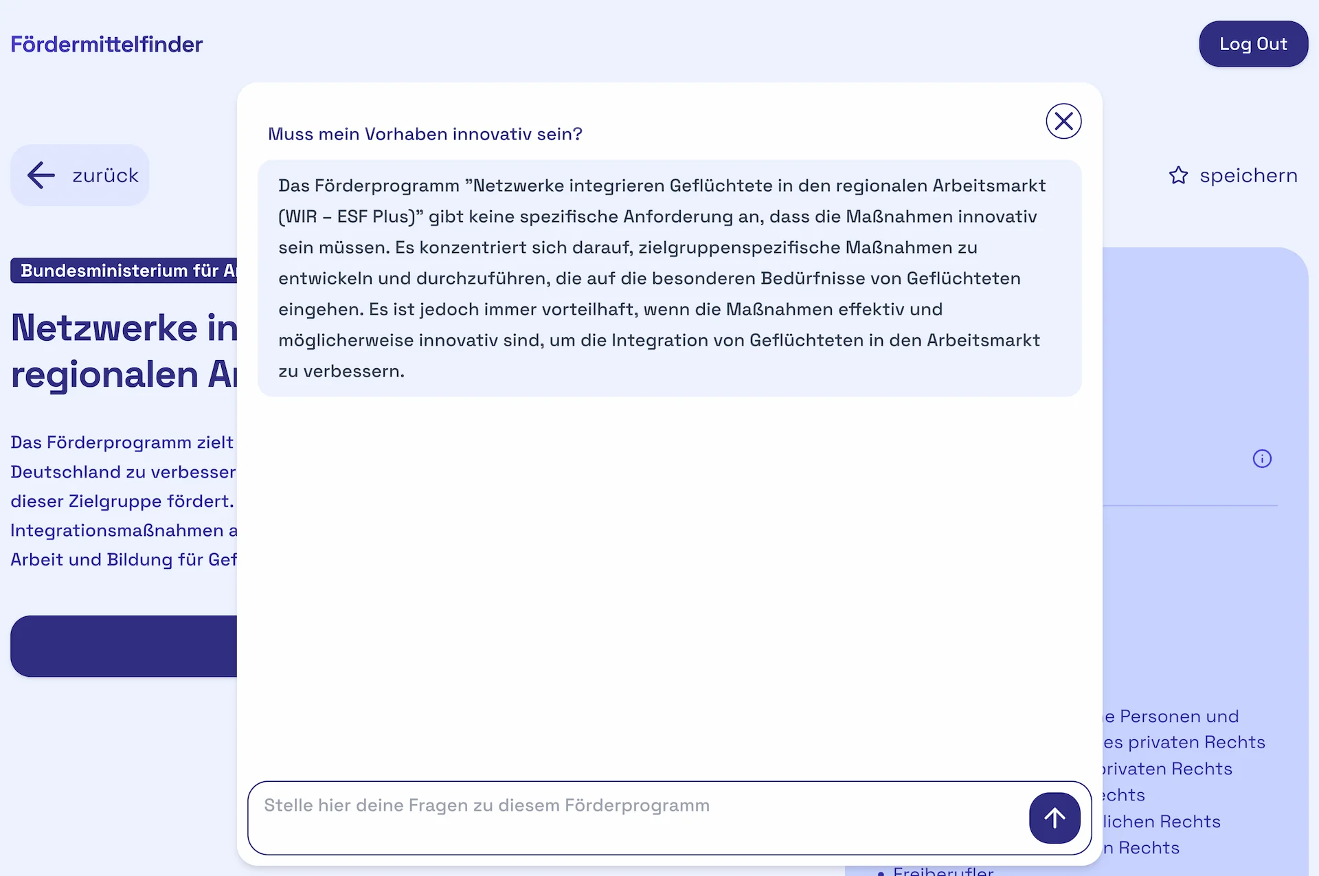 Im Chat können Fragen zum Fördermittel direkt beantwortet werden.
