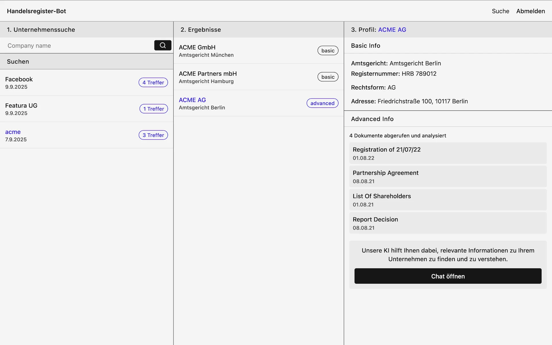 Eine zentrale Ansicht für die Verwaltung der Suchen und Zugriff auf die Suchergebnisse.